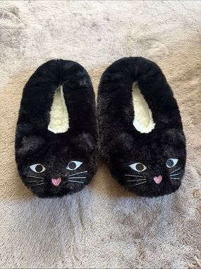 Black Plush Cat Slip-On Slippers for Women
